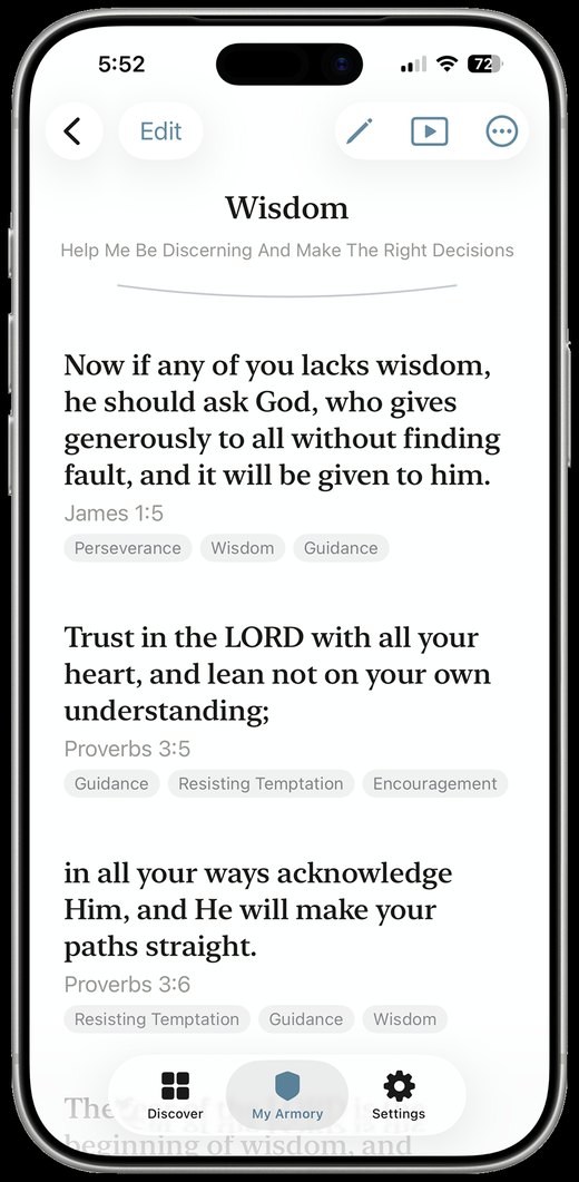Full screen verse view showing James 1:5 with playback controls and a one of five indicator